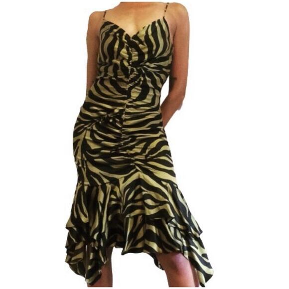 Betsey Johnson 90s Silk Slip Dress 8 Zebra Print Vintage Y2k Asymmetrical Flowy - Picture 1 of 6